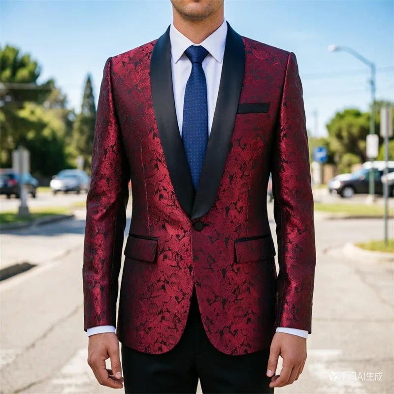 

Men's Red Long Sleeved Sports Jacketpurple Jacquard Fabric Suit Top,optional White and Black Burgundy ColorEuropean Size Jacket