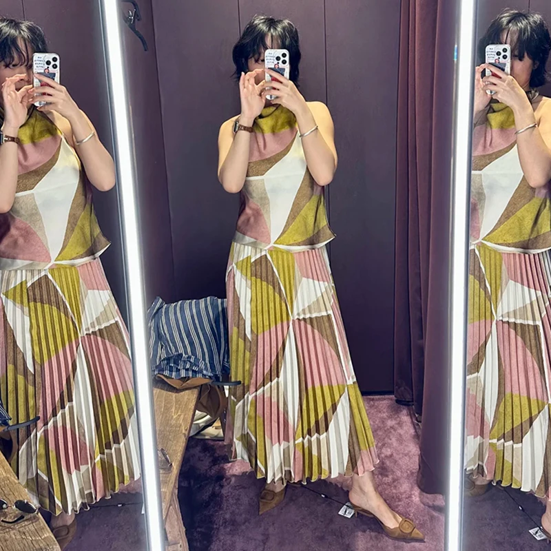 

2025 New Vacation Sexy Hanging Neck Backless Tank Top+high Waist Long Pleated Skirt Set For Women Fashion Print Summer Outfits