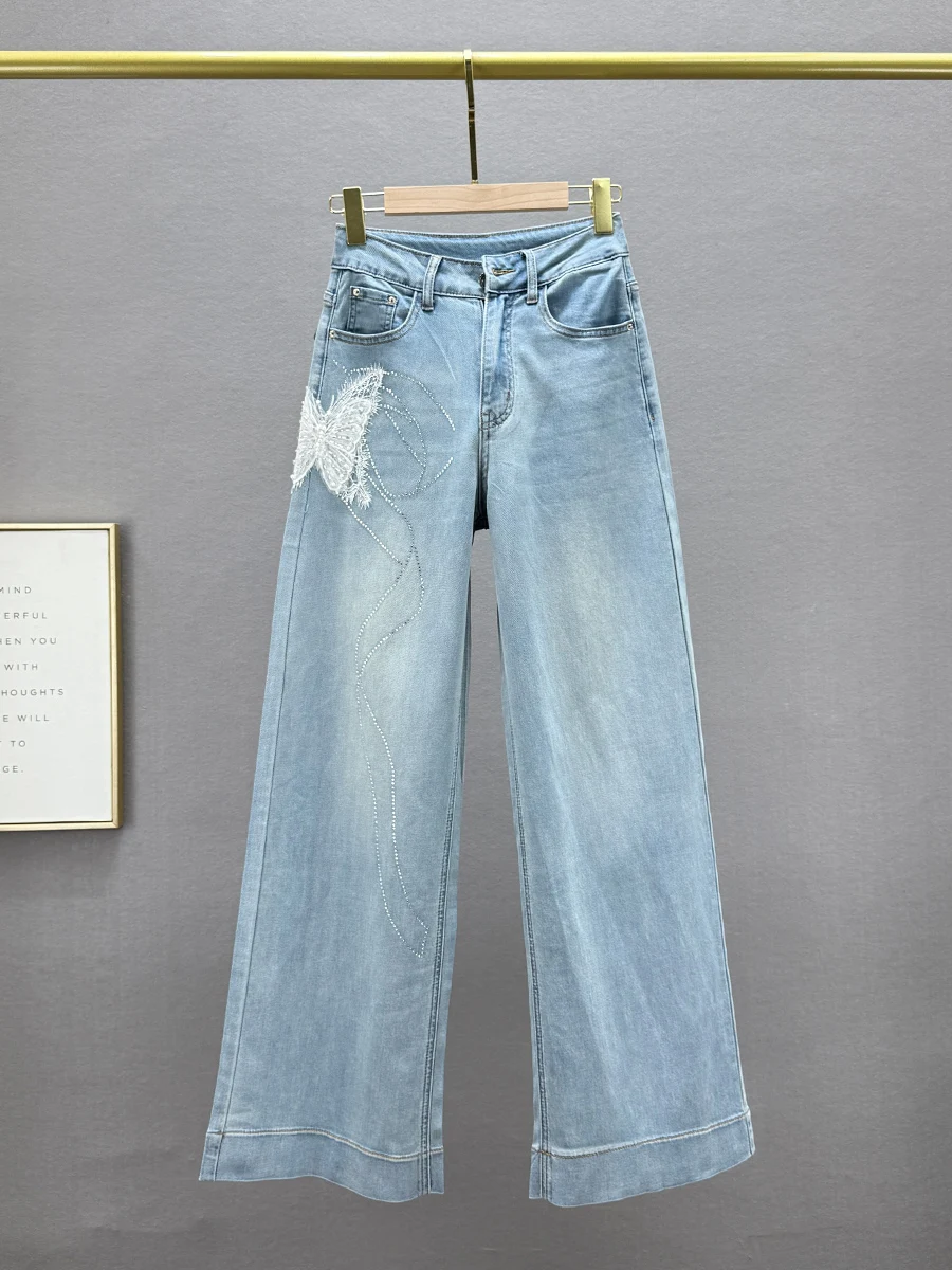 

Женские джинсы с высокой талией и широкими штанинами, весна 2025, новые, свободные, стройнящие, с декором из страз, длиной в пол
