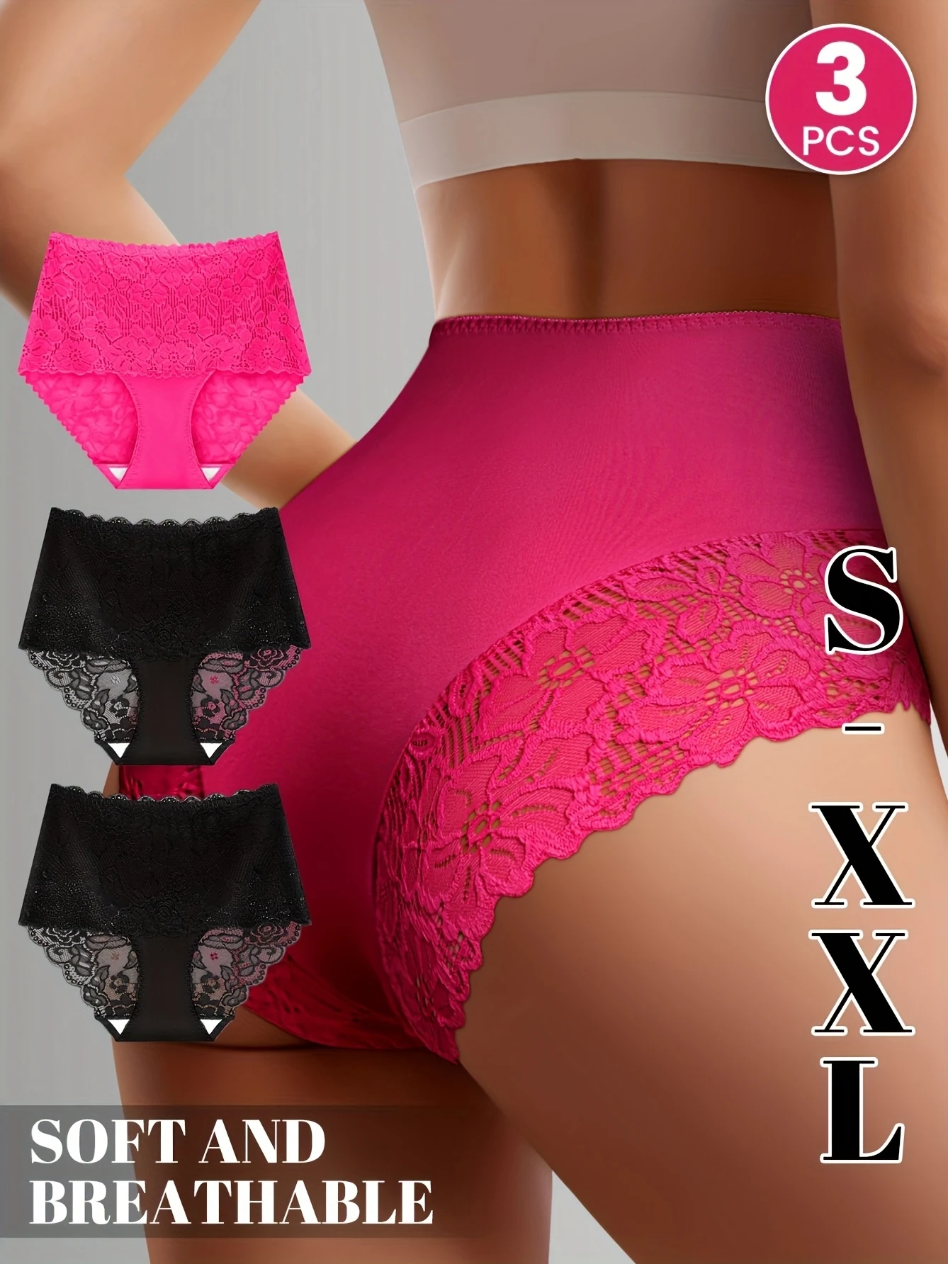 

Комплект из 3 женских трусов с высокой талией — мягкие дышащие кружевные трусики с цветочным принтом и контролем живота, элегантные черные и розовые