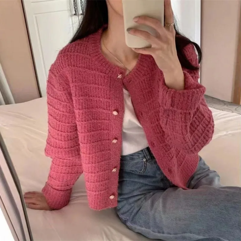 Autumn Winter Cardigan Women\'s Loose Round Neck Long sleeved Knitted Sweater Textured Weaving Retro Tops Casual Solid colo