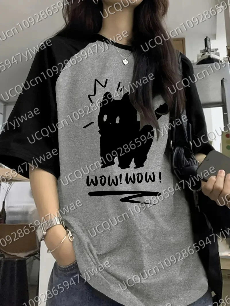 Y2K Women'S Casual T-Shirt with Cute Cat & "WOW!" Graphic Crew Neck Short Sleeve  All-Season Men's Sport T-shirt