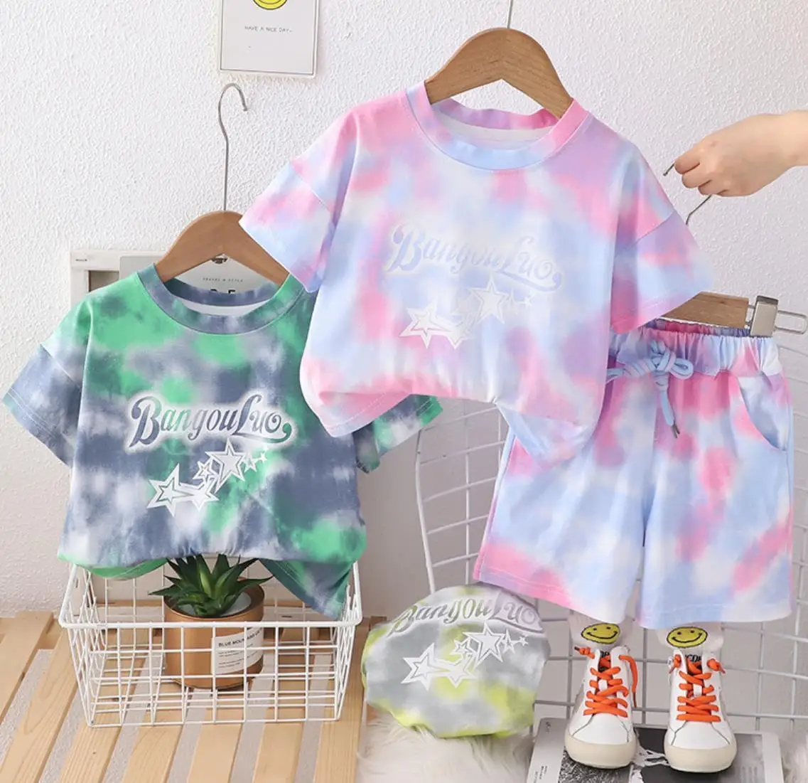 Children Baby Summer Clothing Suits 1-5 Years Girls Printed Tie-dye Athleisure Casual T-shirts and Shorts 2Pcs Outfits Boys Sets