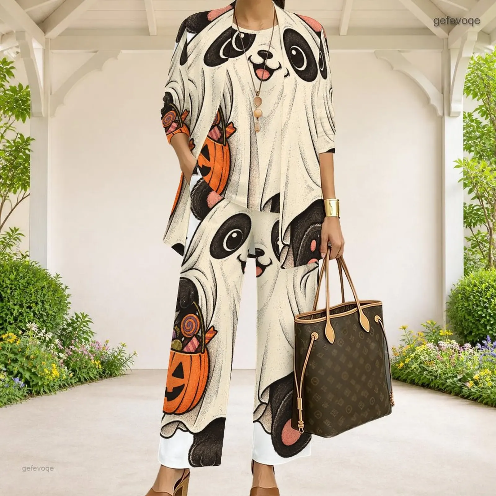 Women Printed 3 Piece Pants Set, 3/4 Sleeve Open Front Cardigan Tank Top Long Pants, Cute Ghost Panda Pumpkin Print