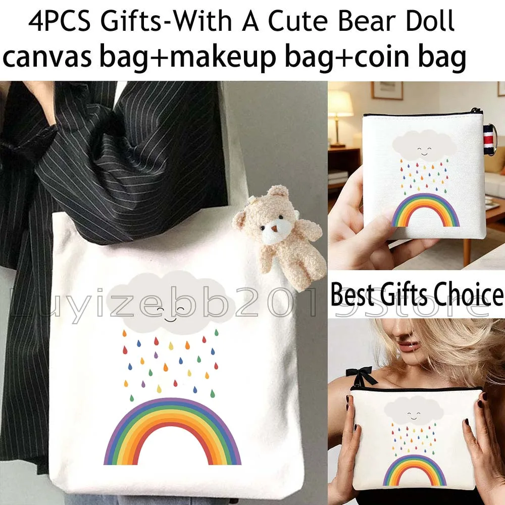 4PCS Cute Rain Cloud Rainbow Flowers Gifts Canvas Tote Bag Cotton Handbag,Cosmetic Makeup Bag,Coin Purse Wallet Zipper Pouch