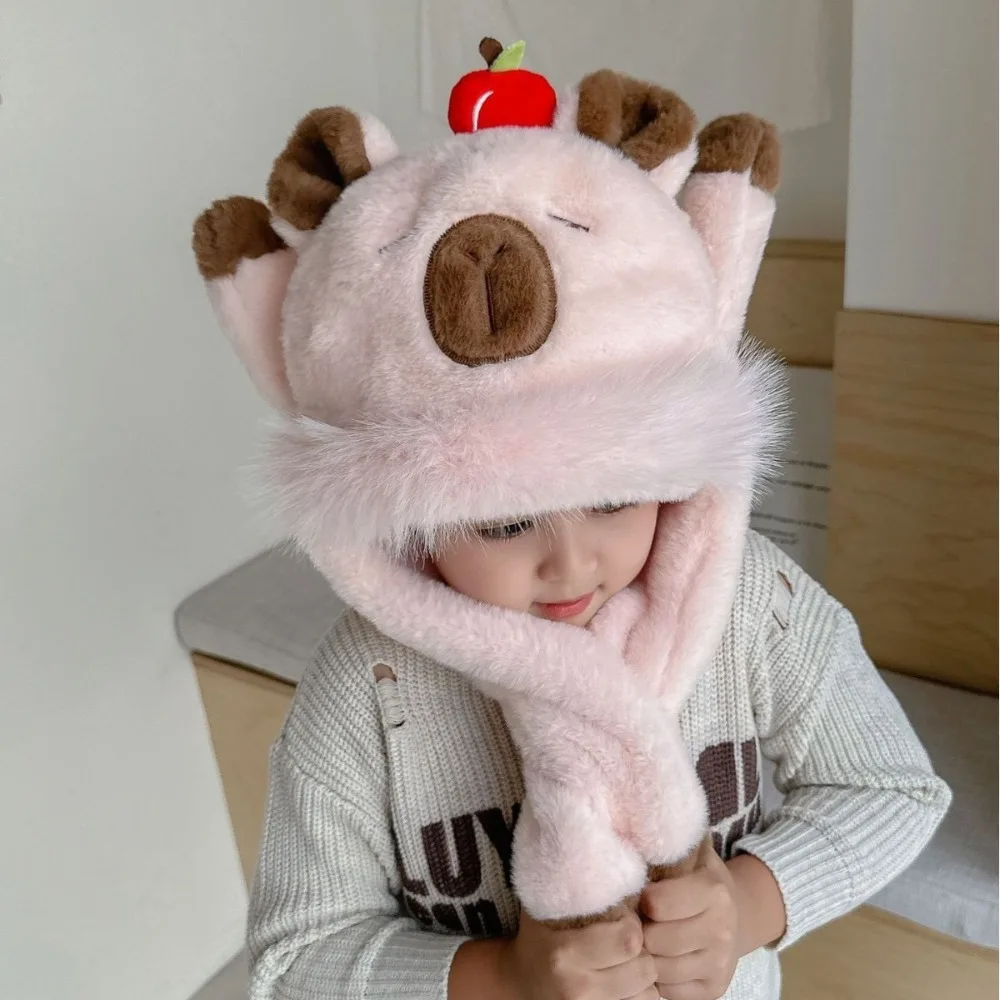 

Windproof Kids Ear Protection Hat Thickened Movable Ears Capybara Hooded Scarf Integrated Soft Plush Hat Scarf Set
