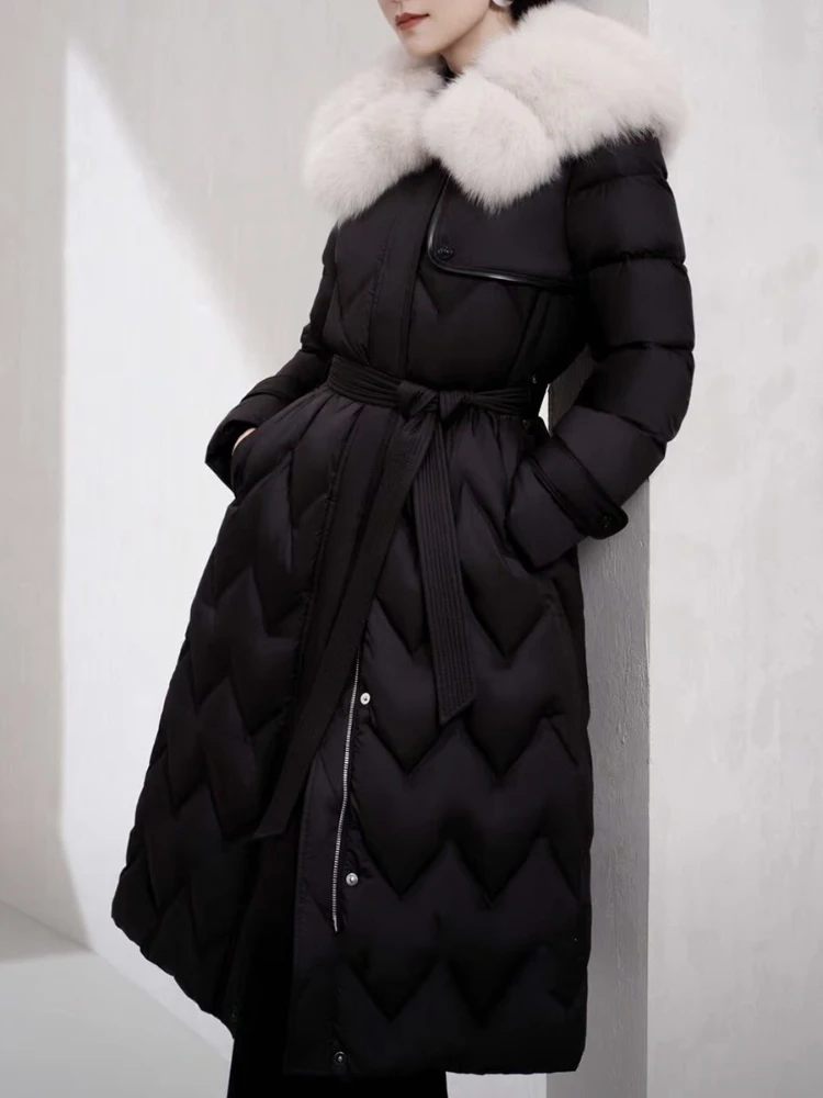 

Super Big Fox Fur Collar Down Jacket Women Winter Fashion Thicken Warm Tied High Waist Slim Fit Parkas 2025 New Long Puffer Coat