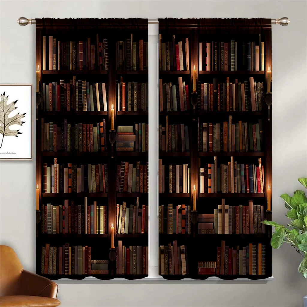 

2PCS Bookcase Vintage Printed Curtains, Polyester Rod Pocket Curtains for Bedroom Living Room Office Bedroom and Home Decoration