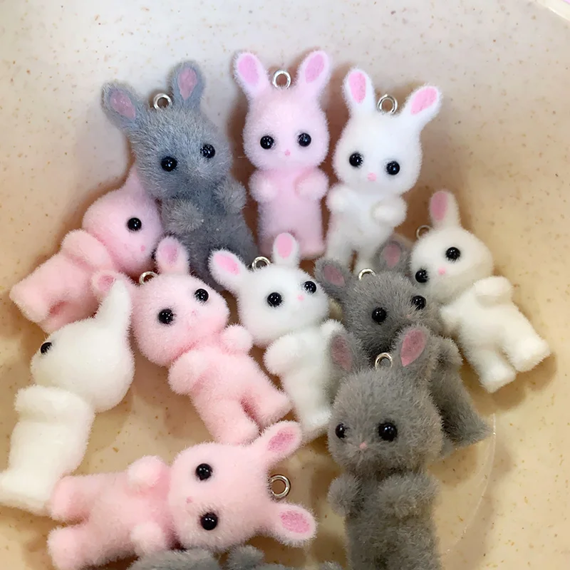 Miniature Forest Animal Fluffy Rabbit Resin Charms 3pcs/Pack Cute Doll Pendants For Necklace Earring Keychain Diy Jewelry Make