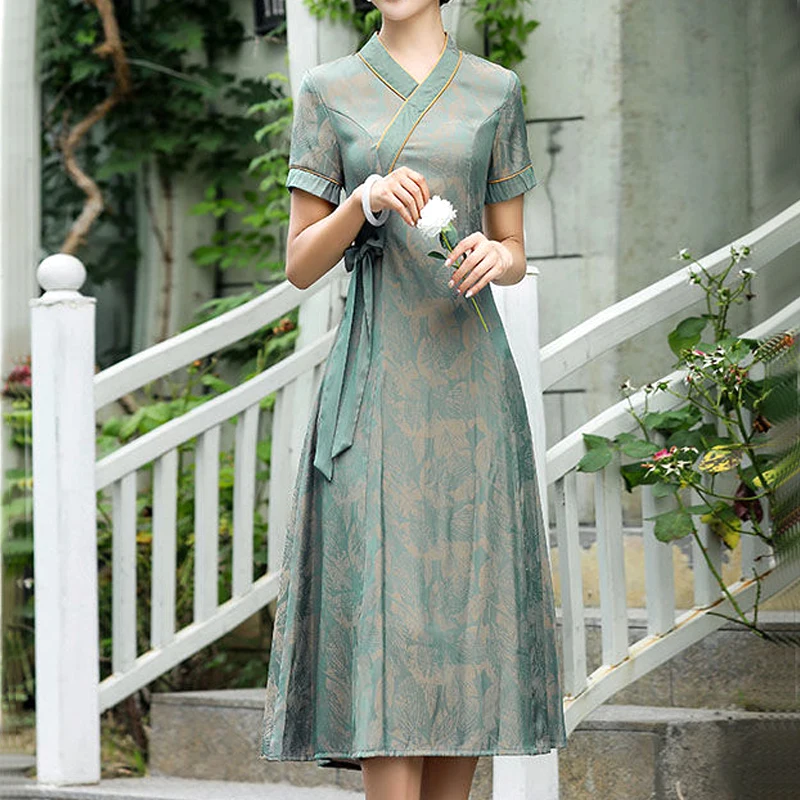 

V-neck Knee Skirts Skinny Dresses Short Sleeve Temperament Premium Solid Color Vintage Elegant Chinese Style Women's Clothing