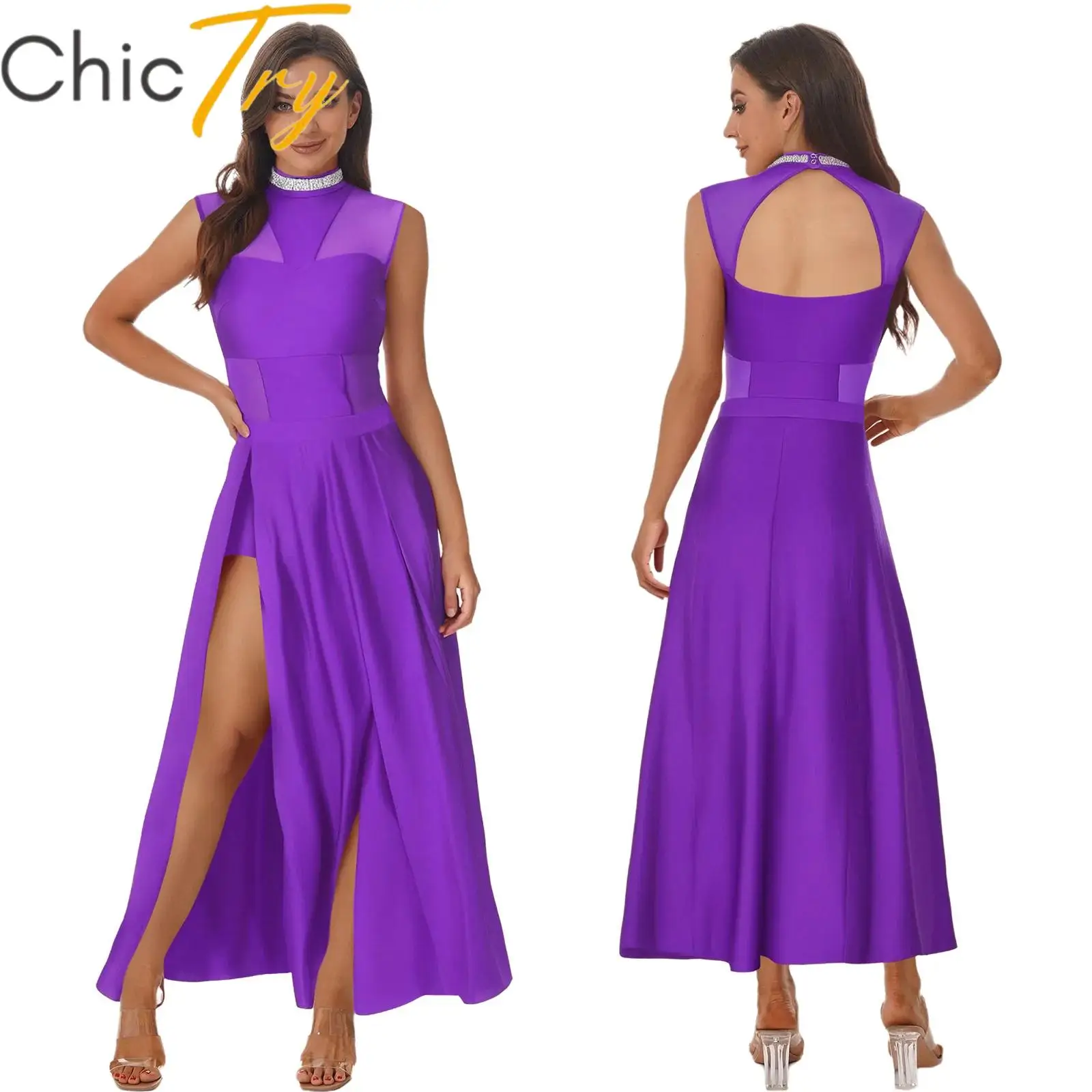 

Womens Ballet Dance Sets Lyrical Outfit Mesh Backless Gymnastics Leotard with Slit Hem Maxi Skirt Modern Contemporary Costume