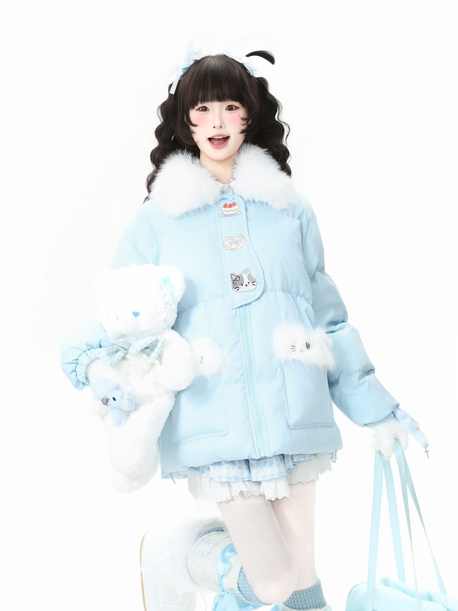 سترة قطنية مطرزة على شكل قطة سميكة باللون الأزرق اللطيف للنساء معطف قطني دافئ وردي مشمش للشتاء #3