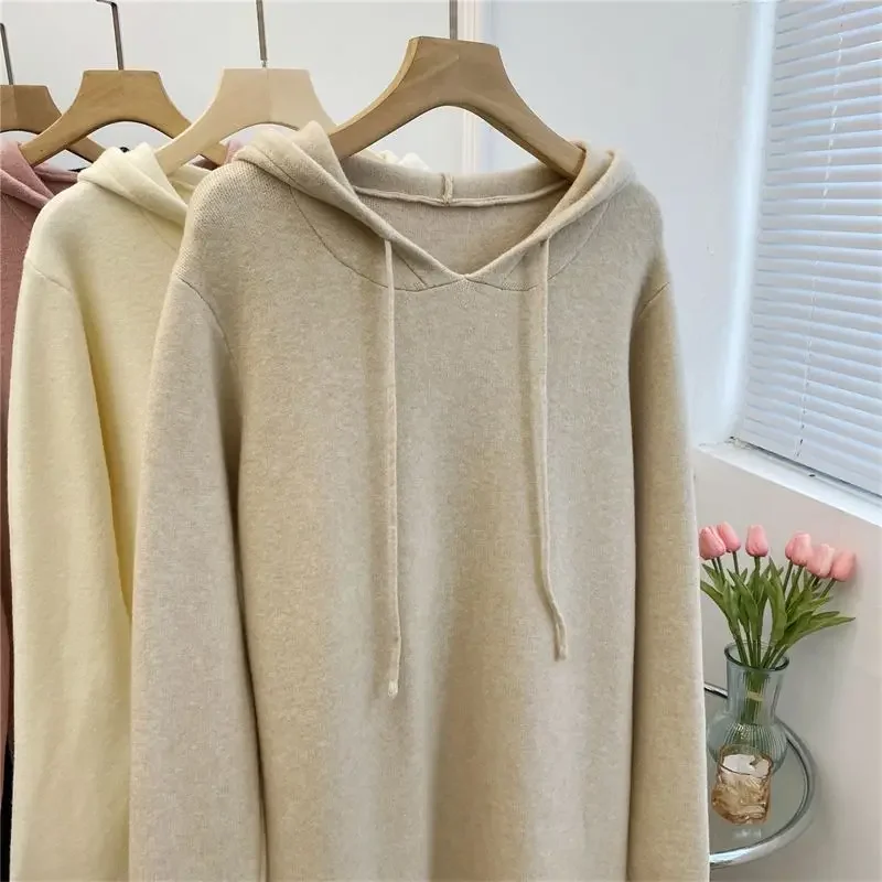 Knitted Hooded Dresses Women Y2k Kawaii Candy Color Long Sleeve Dress Loose Simple Autumn Winter Sweet College Midi Vestidos