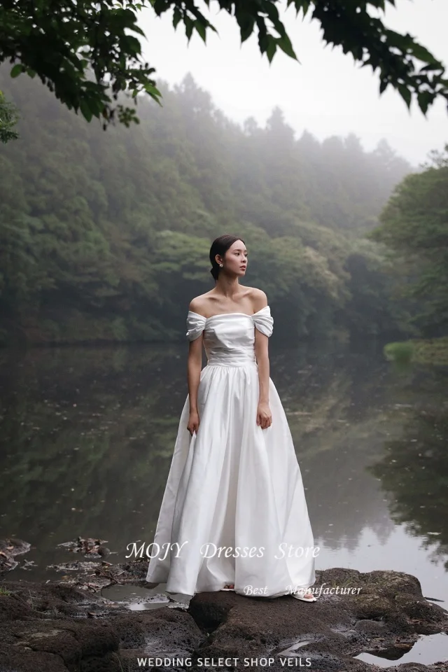 Mojy Elegant Off Shoulder Satin Korea Wedding Dresses A Line Floor Length Bridal Gowns Corset Back Vestido de noiva Plus Size