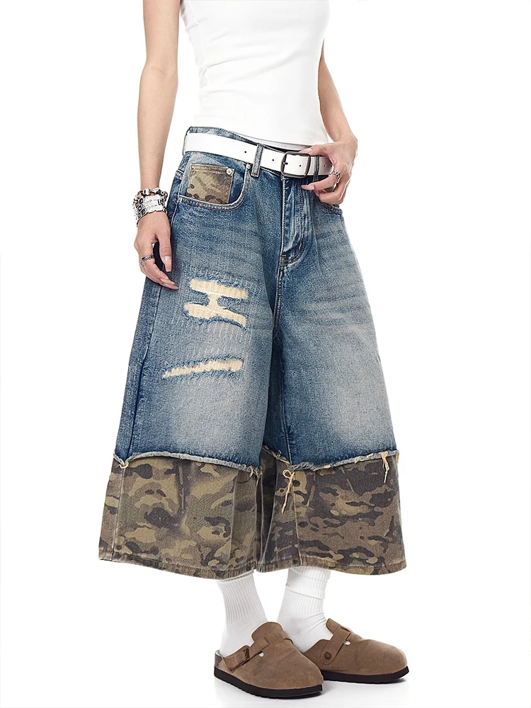 

American Retro Camouflage Patchwork Jeans Shorts Loose Wide Leg Seven-Foot Pants Unisex Summer Casual High Waist Corduroy