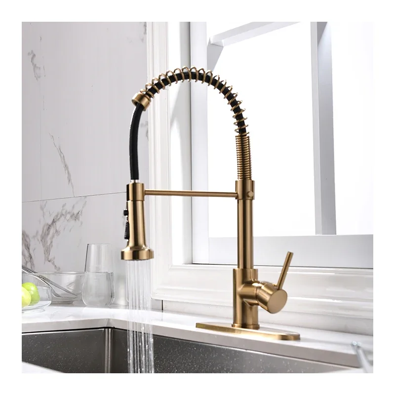 New Type Gold Brushed Thermostatic Spring Sink Kitchen Faucet With Sprayer