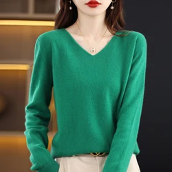 100% Australian wool V-neck women's sweater comfortable, soft and solid color one long sleeve sweater 201