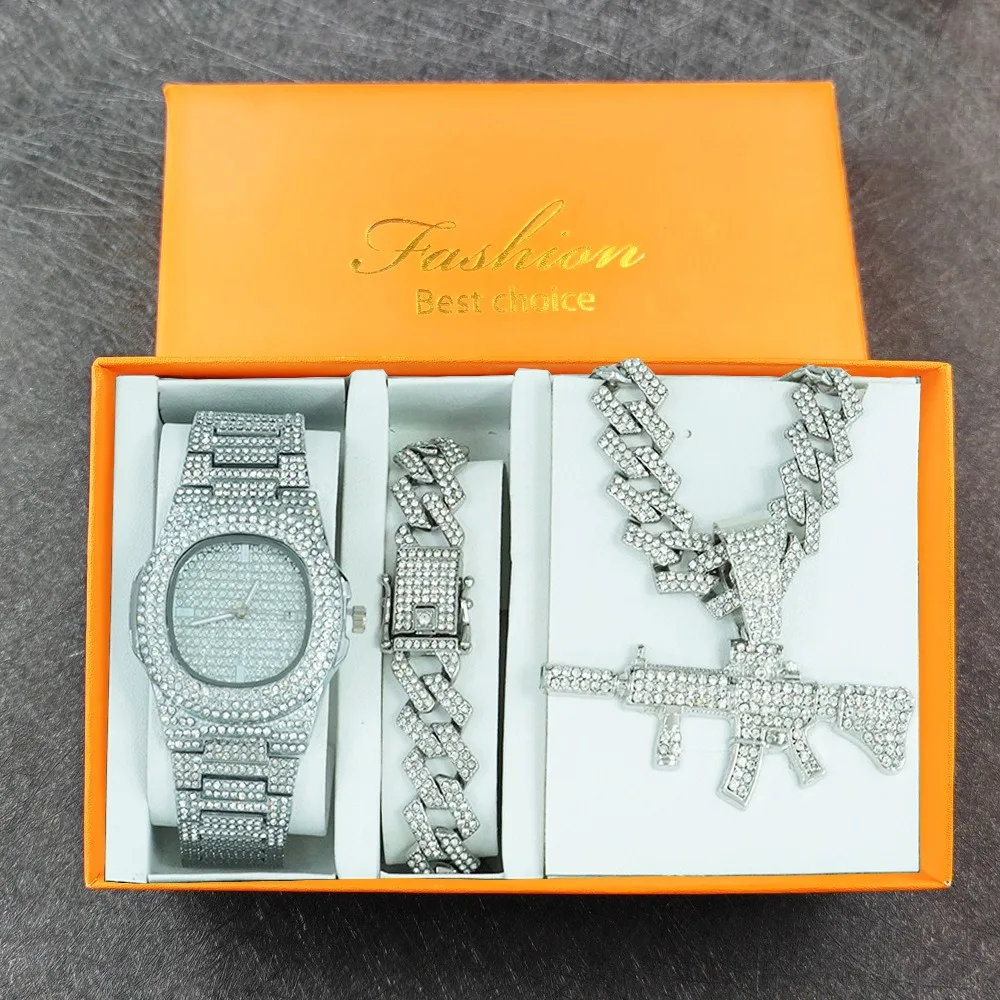 

Хип-хоп Iced Out кварцевые часы браслет сплав пистолет кулон ожерелье комплект ювелирных изделий роскошные наручные часы с бриллиантами подарок montre homme