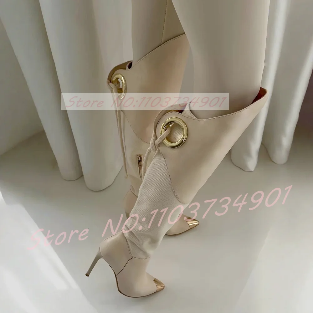 

Beige Splicing Gold Toe Knee-High Boots Women Chic Metal Ring Lace-Up Pointed Toe High Heels Female Luxury Winter Events Boots