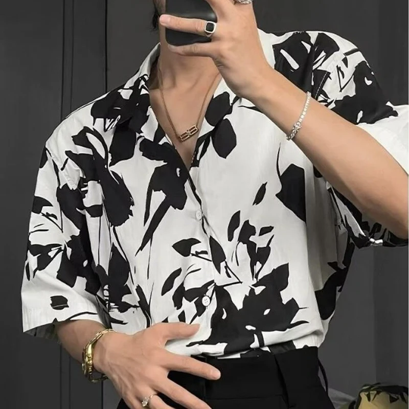 Men's Trendy Vintage Print Chic Oversize Cuban Collar Shirt Summer Casual High Street Short Sleeve Cotton Tops Camisas De Hombre