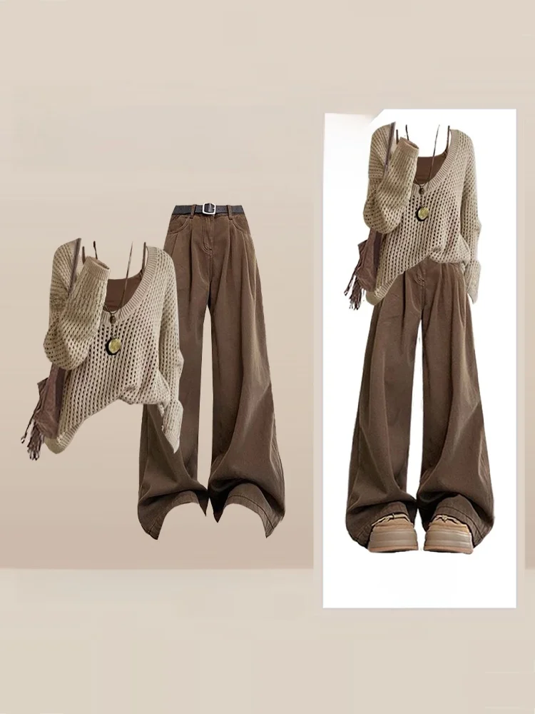 

Осенний модный комплект: вязаный топ-накидка «Русалка» с вырезами и свободные прямые брюки для женщин