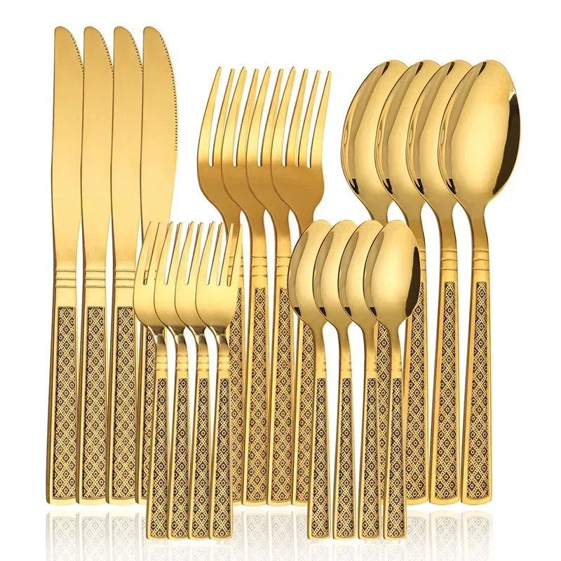 

20Pcs Golden Cutlery Set Stainless Steel Steak Knife Fork Spoon Flatware Set Festival Dishwasher Safe Kitchen Tableware