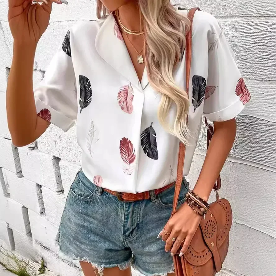 2024 Spring Summer Short Sleeve Top Shirt Women's Lapel Feather Printed Shirt Fashion Versatile Slim Temperament Muse Fan