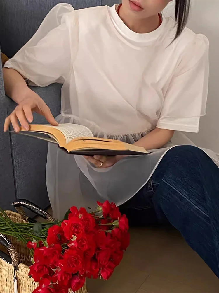 Liangliang Summer New Design Thin Me Cover up Women's Bubble Sve Top Layering Sle Korean Loose Fit round Ne irt