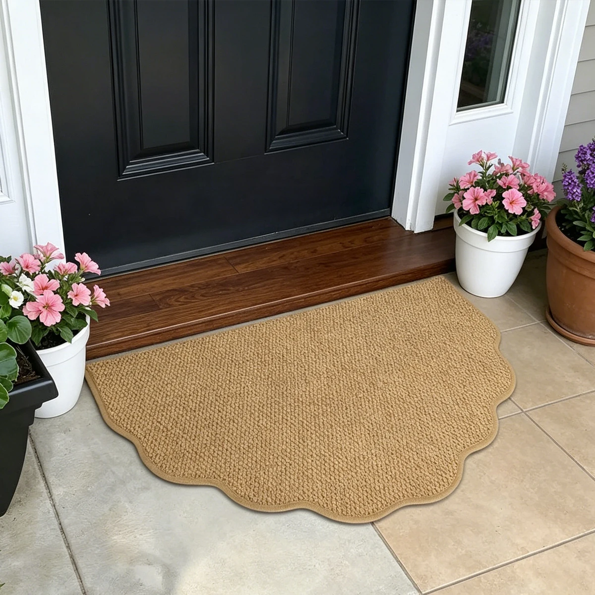 A Faux Coconut Palm Scalloped Edge Entryway Mat, American Retro Outdoor Non-Slip Hard-Textured Mud-Scraping Doormat