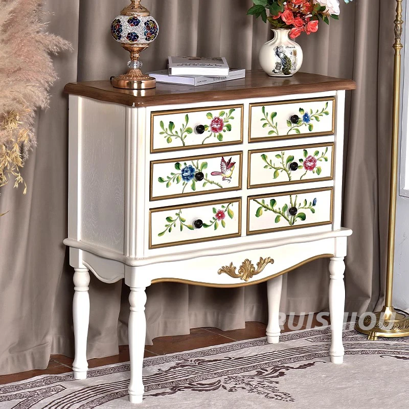 American Country Style Solid Wood Living Room Cabinet Painted Six Buckets Storage Bedroom Sideboard Bed Tail Storage Home Use