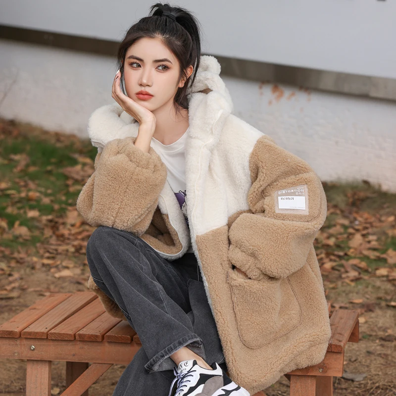 

Lamb Wool Hooded Coat For Women 2024 Autumn Winter Trendy Parkas Hoodie Plush Thicken Cotton Padded Clothes Jackets Coats