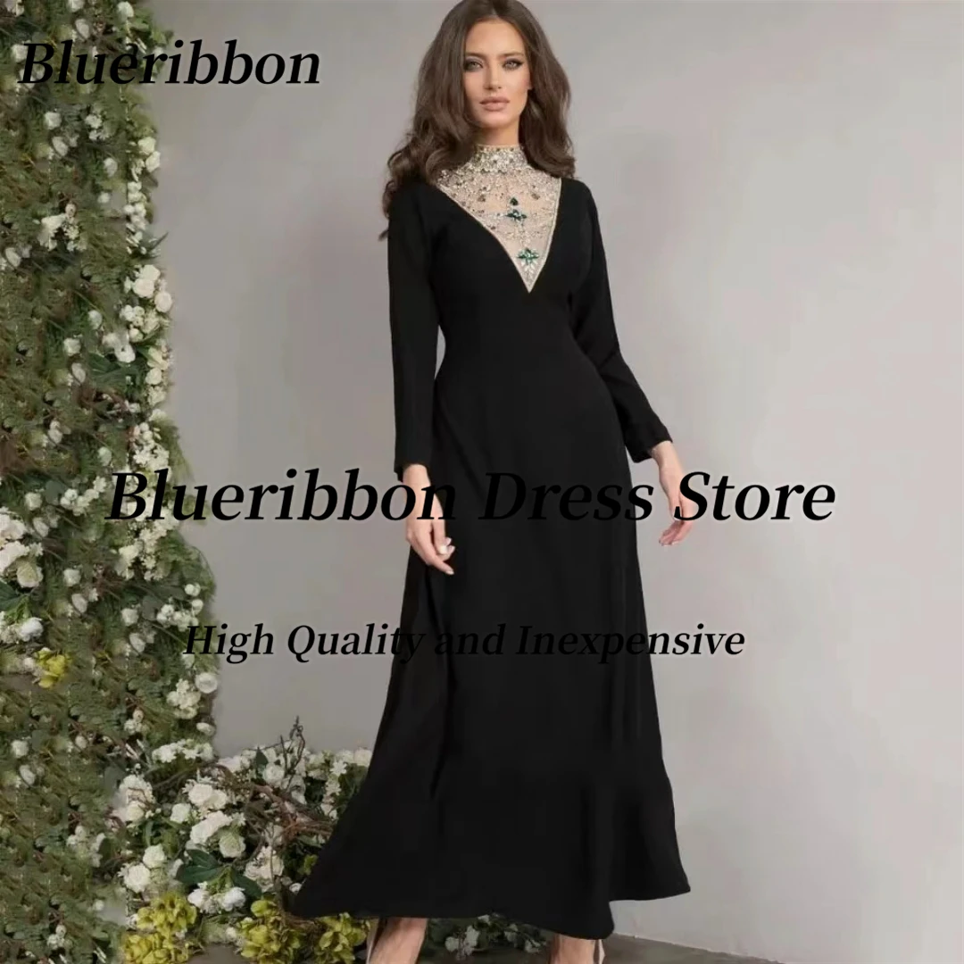 

Blueribbon Black Prom Dresses with Beaded High Collar Long Sleeves Evening Gowns Zipper Back Ladies Wear Special Banquet Dress