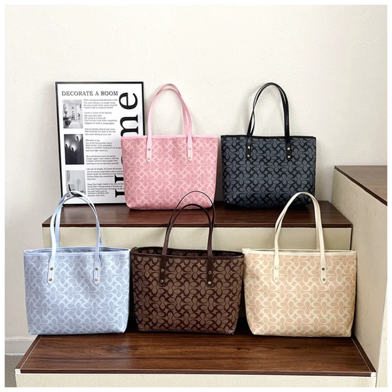 Women Classic Monogram Print Tote Bag Large Capacity Canvas Shoulder Bag With Pu Trim Versatile Daily Work Shopping Handbag