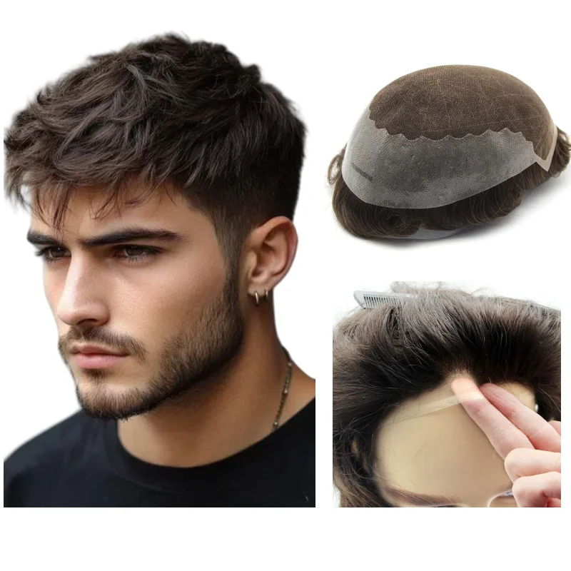 

Мужской парик из натуральных волос, кружево + основа из искусственной кожи Q6 | Дышащая система волос для горячего климата, естественного вида