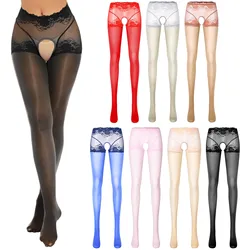 Bas à entrejambe ouvert brillant à l'huile, collants transparents à bretelles, collants élastiques découpés pour dame sexy