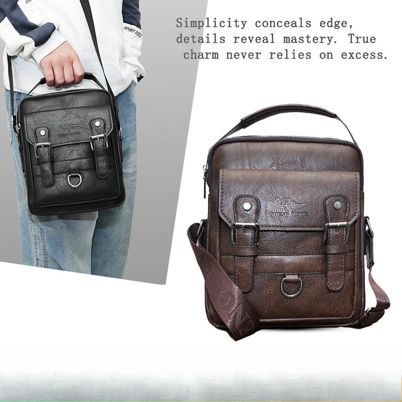 PU leather men's vertical square single-shoulder bag with multiple pockets, flip cover and buckle, commuter travel crossbody bag