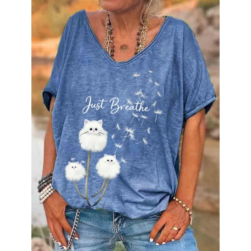 ilstile Women's Just Breathe Print T-Shirts Summer Holiday Short Sleeve T Shirt Casual Loose V Neck Tops Tees Hot Sale