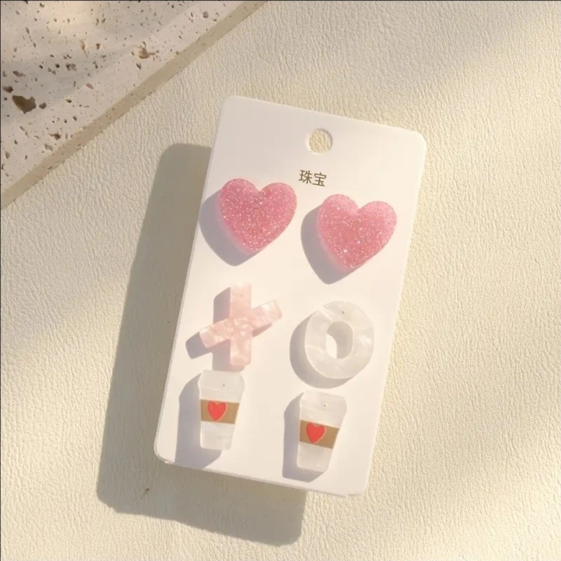 Afbeelding 3: 3-delige vintage schattige acryl oorbellen set, glitter roze hart en XO koffiekopje ontwerpen, roestvrijstalen palen elegante mode Je