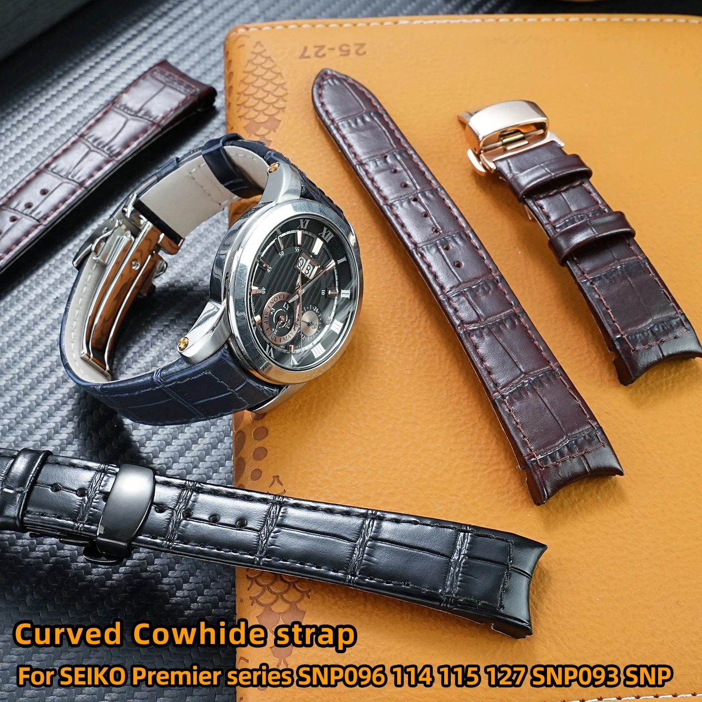 Curved Cowhide Strap for SEIKO Premier Series SNP096 114 115 127 SNP093 SNP Men Watch Band 21mm Watch Accessories Folding Buckle