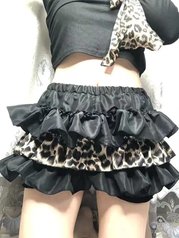 Leopard Print Skirt Lace Spliced Women's skirts Hot Girl Roupas Feminina Y2k Punk New Cake Faldas High Street Gothic Ropa Mujer