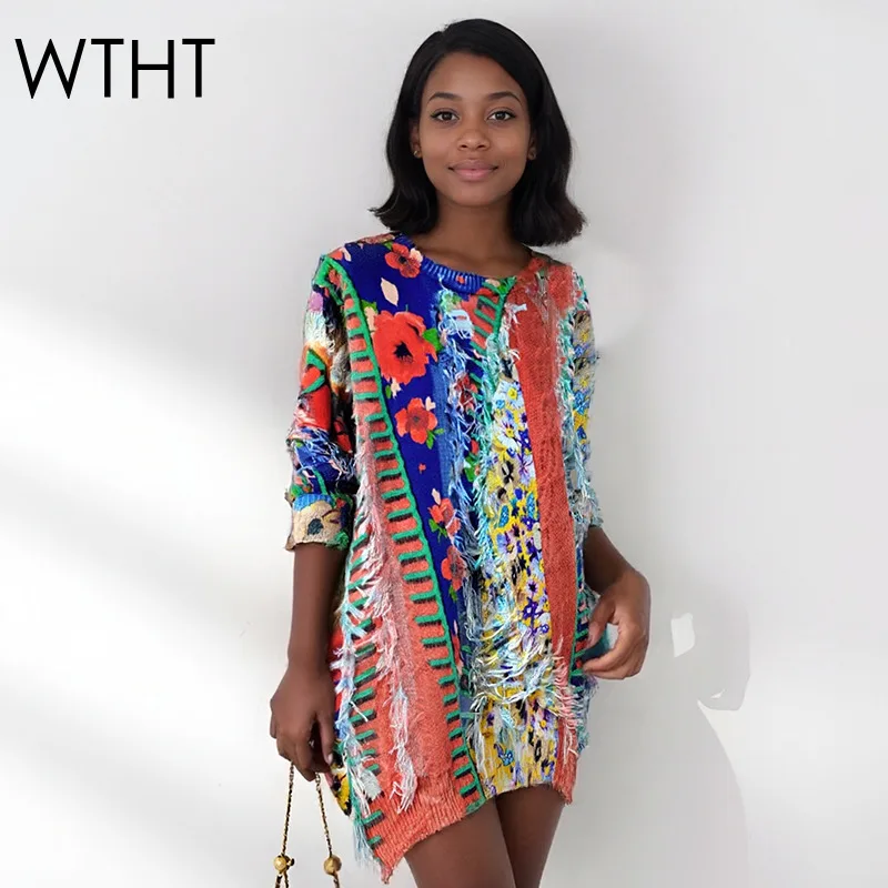 

WTHT Trendy New Women Contrast Color Striped Print Tassel Knit Cardigan 2025 Winter Fashion V-neck Loose Sweater Female 1LS2763