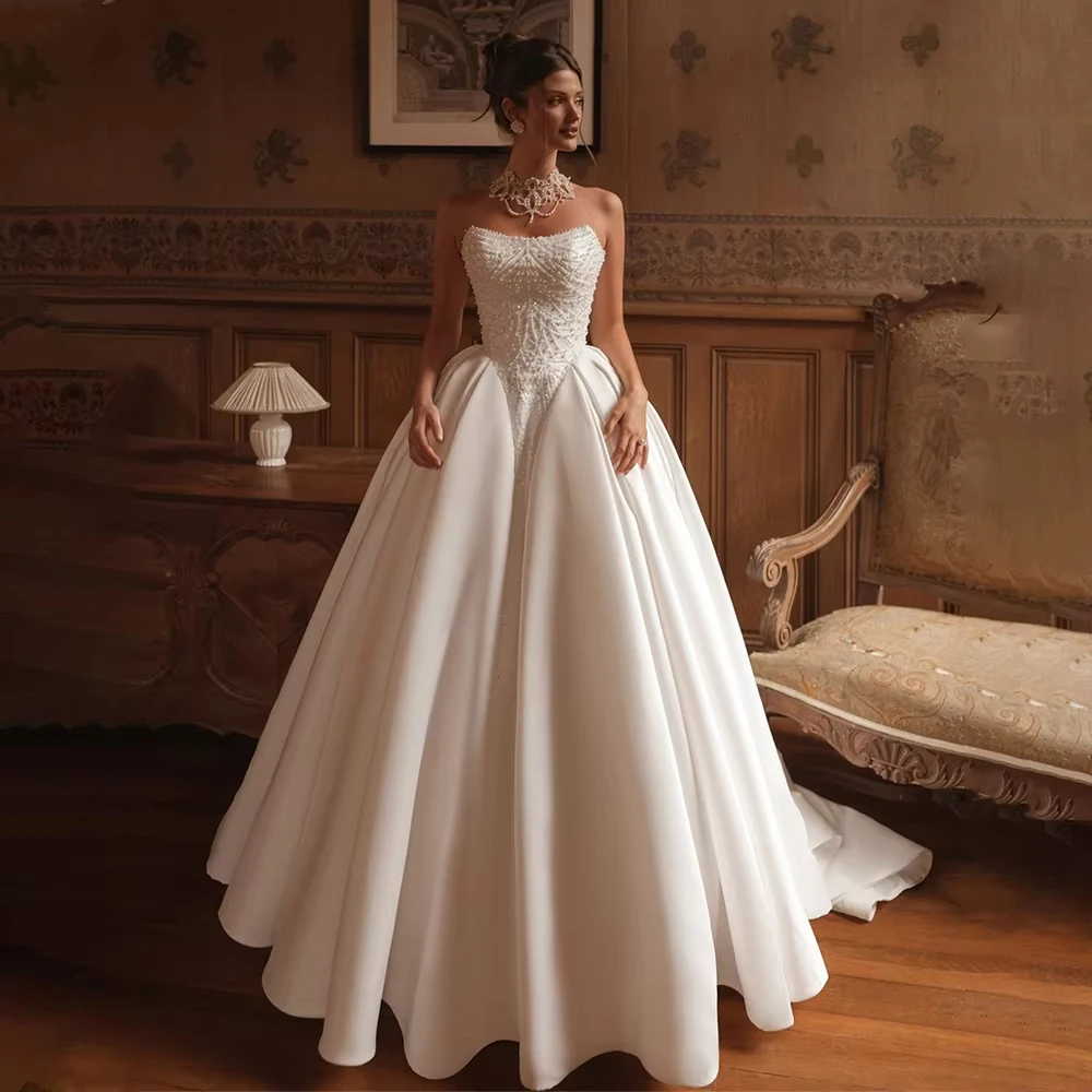 ชุดแต่งงานผู้หญิงแบบเซ็กซี่ สายเดี่ยว ไร้แขน ทรงเอไลน์ หรูหรา ยาวลากพื้น สำหรับงานเลี้ยง  ชุดเจ้าสาวแบบสั่งตัดได้