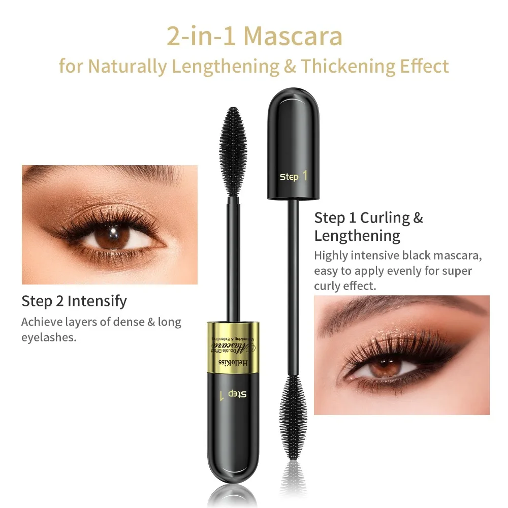 Luxury 4D Lash Mascara 2 in 1 Formula Lengthening Volumizing and Curling Waterproof Quick Dry Flake Resistant Party Date Makeup