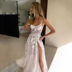 Super Sexy Transparent Sexy Boho Wedding Dresses 3D Flowers Bridal Dress Corset Bones Side Split Bride Wedding Gowns Customized