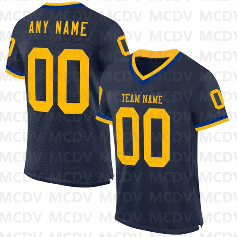 Custom Navy Gold-Light Blue Mesh Authentic Throwback Football Jersey