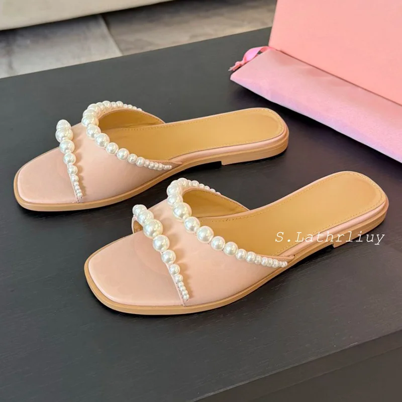 Zapatillas de cuero genuino decoradas con perlas de lujo con punta abierta para mujer, Sandalias planas de Color sólido, zapatos informales para vacaciones para mujer