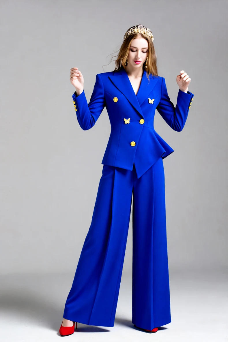 Women's Royal Blue Peplum Blazer  Wide Leg Pants Suit Double Breasted Gold Button Butterfly Decorated Two Piece Set for Office