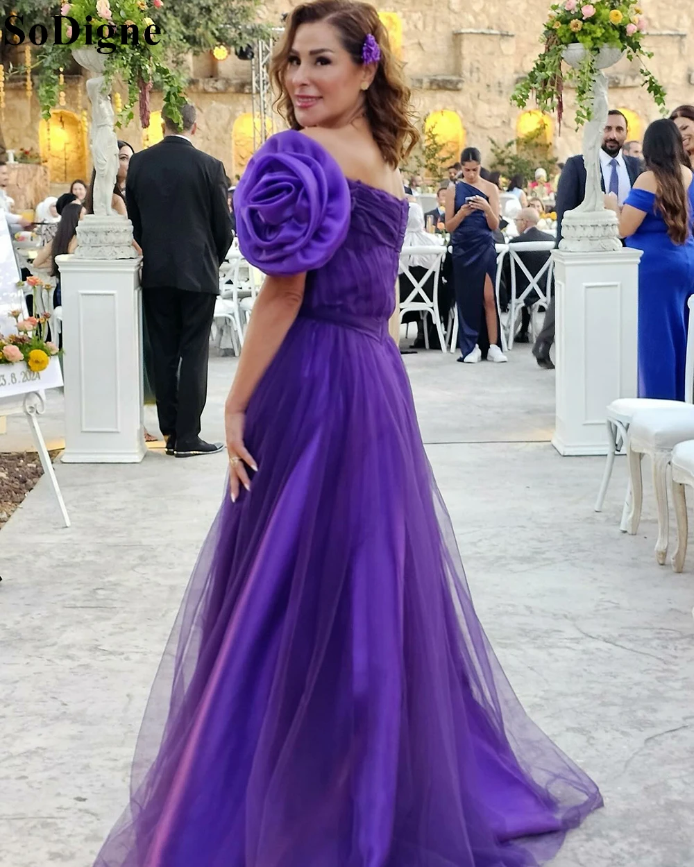 SoDigne Elegant Purple Evening Dresses Flowers Off Shoulder Pleated Wedding Party Bridesmaid Dress Special Occasion Prom Gowns