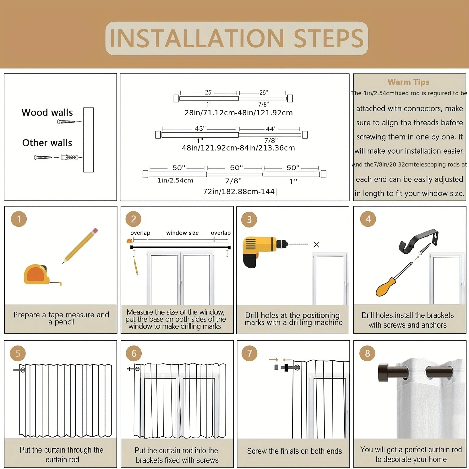 A set of metal telescoping curtain rods, minimal brown curtain rods, wall hanging, suitable for any room, easy to install