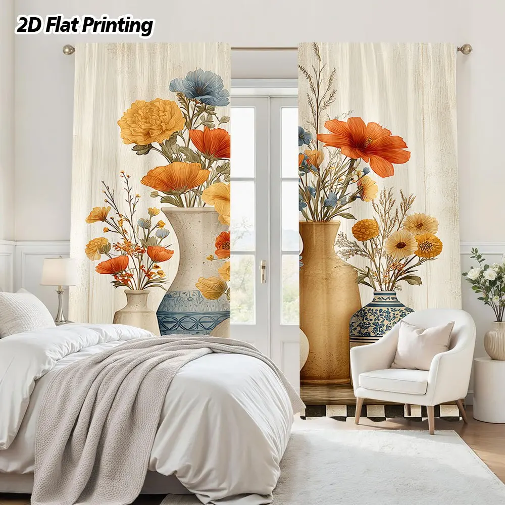 2PCS Vintage Curtains, Vase Floral Oil Painting, Digital Print, Bedroom Living Room, Office, Kitchen, Window Treatment